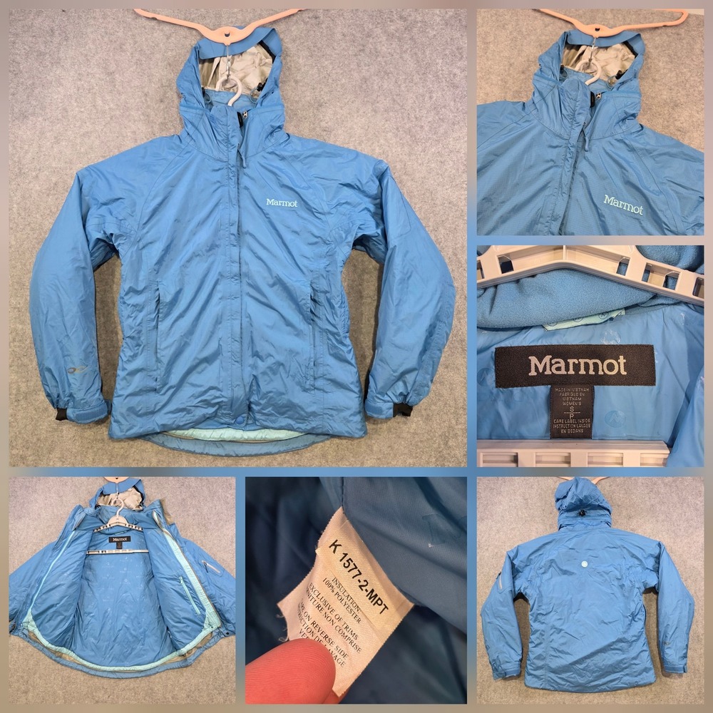 Marmot Ski Jacket Womens Small Blue Hooded Insulated Full Zip Snow Pockets